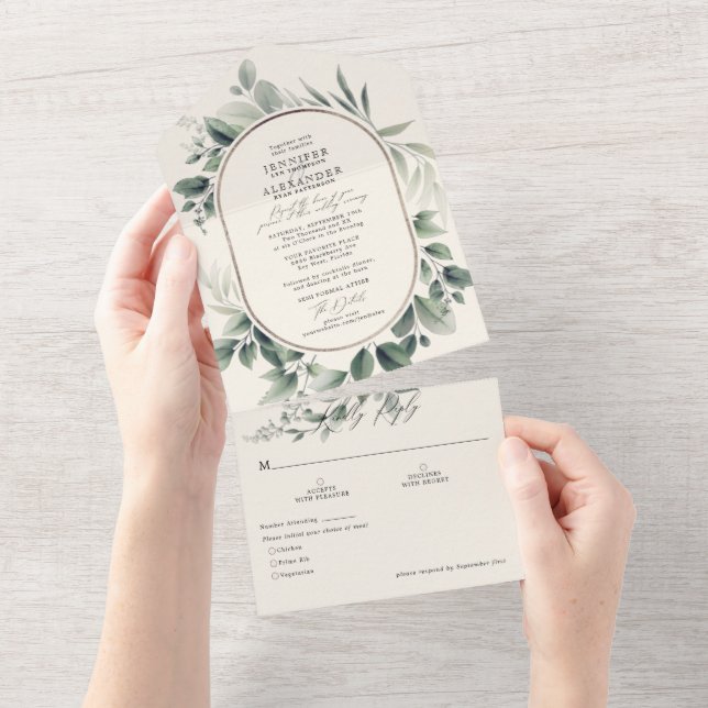 Invitation Tout En Un Eucalyptus et Mariage ivoire (Déchirure)