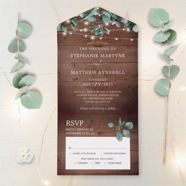Invitation Tout En Un Eucalyptus Foliage Lumières rustiques Mariage en b (Créateur téléchargé)