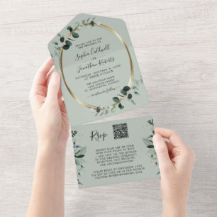 Invitation Tout En Un Eucalyptus Gold QR Code RSVP Sage Mariage