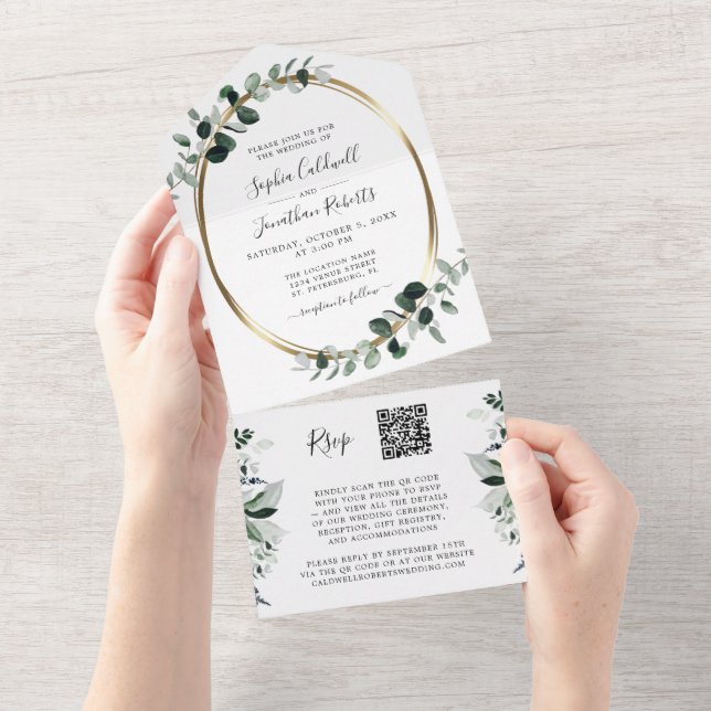 Invitation Tout En Un Eucalyptus Gold QR Code RSVP White Sage Mariage (Déchirure)