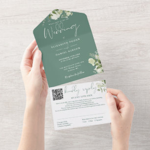 Invitation Tout En Un Eucalyptus Green Floral Monogramme QR Code Mariage
