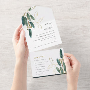 INVITATION TOUT EN UN EUCALYPTUS GREEN GOLD FOLIAGE EAU COULEUR MARIAGE 