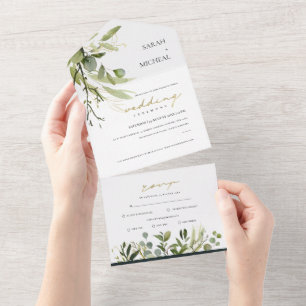INVITATION TOUT EN UN EUCALYPTUS GREEN GOLD FOLIAGE EAU COULEUR MARIAGE 