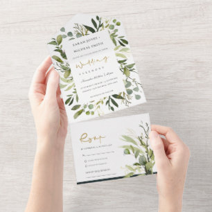 INVITATION TOUT EN UN EUCALYPTUS GREEN GOLD FOLIAGE MARIAGE WATERCOLOR