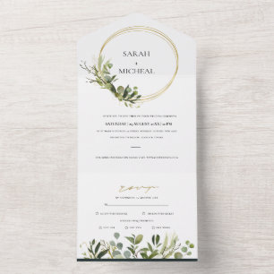 INVITATION TOUT EN UN EUCALYPTUS GREEN GOLD FOLIAGE MARIAGE WATERCOLOR