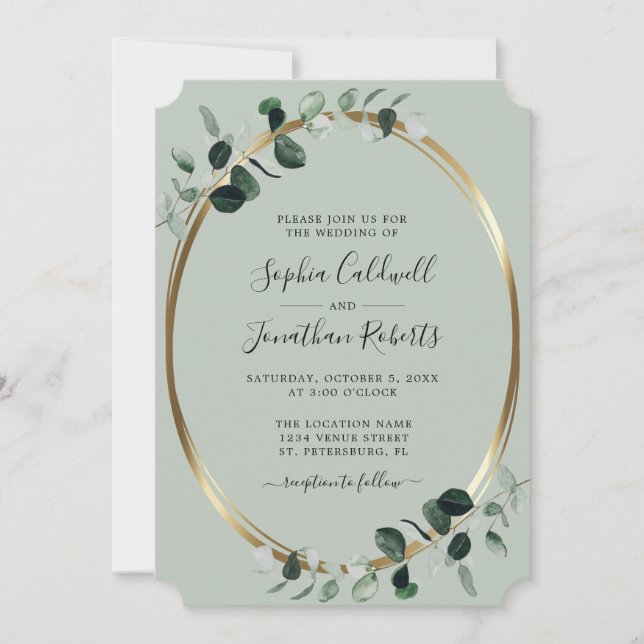 Invitation Tout en un Eucalyptus Mariage métal or (Devant)