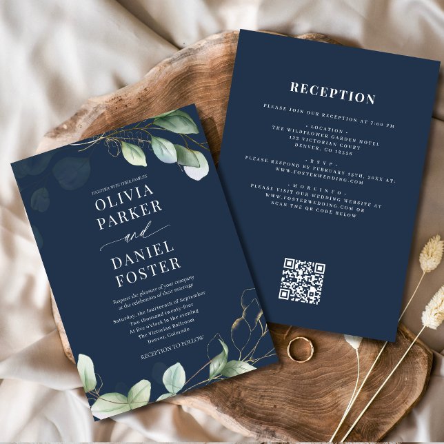Invitation Tout en un Eucalyptus Navy Blue QR Code Mariage (Créateur téléchargé)