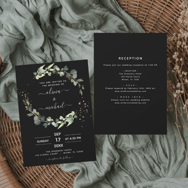 Invitation Tout en un Eucalyptus Noir Russe Mariage (Créateur téléchargé)