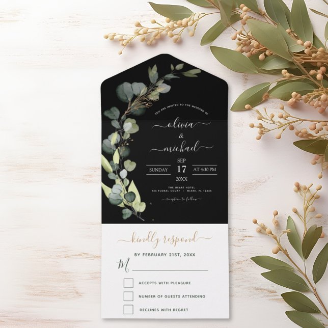Invitation Tout En Un Eucalyptus Noir Vert Mariage Élégant Moderne (Créateur téléchargé)