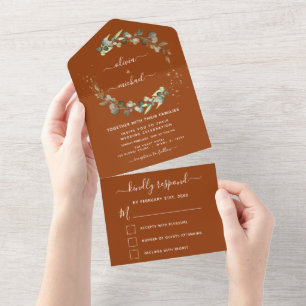 Invitation Tout En Un Eucalyptus Orange Brûlé Mariage Élégant