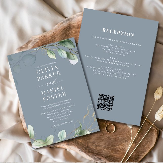 Invitation Tout en un Eucalyptus QR Code Dusty Mariage bleu (Créateur téléchargé)