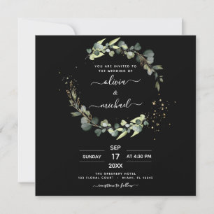 Invitation Tout en un Eucalyptus QR Code Mariage noir