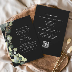 Invitation Tout en un Eucalyptus QR Code Mariage noir