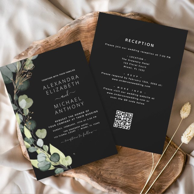 Invitation Tout en un Eucalyptus QR Code Mariage noir (Créateur téléchargé)