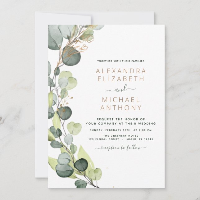 Invitation Tout en un Eucalyptus QR Code Mariage Vert (Devant)