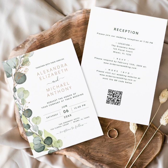 Invitation Tout en un Eucalyptus QR Code Mariage Vert (Créateur téléchargé)