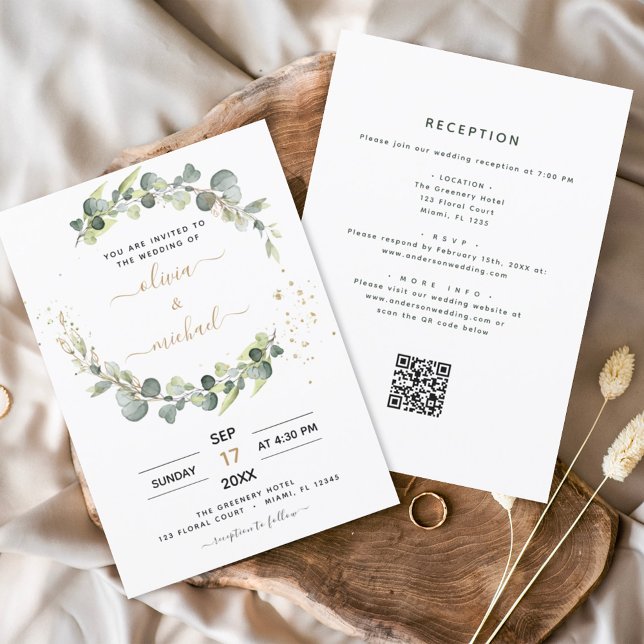 Invitation Tout en un Eucalyptus QR Code Mariage vert (Créateur téléchargé)