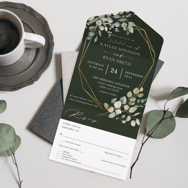 Invitation Tout En Un Eucalyptus Rustique & Mariage de trame d'or - Vert (Créateur téléchargé)