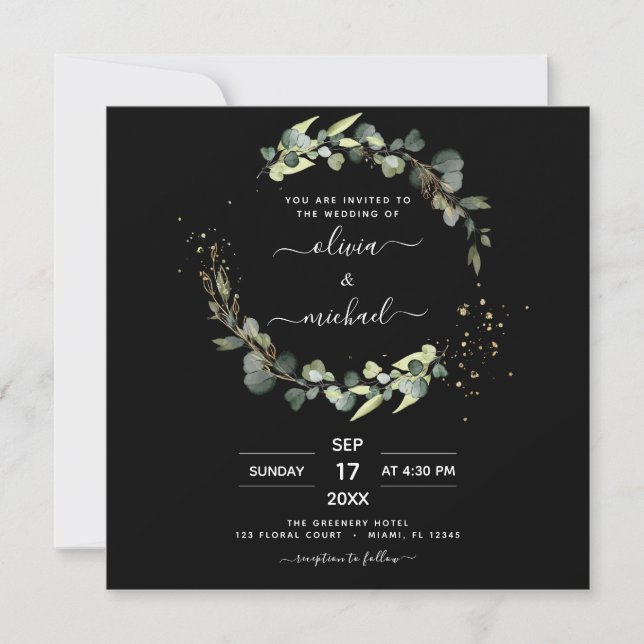 Invitation Tout en un Eucalyptus Rustique Mariage noir (Devant)