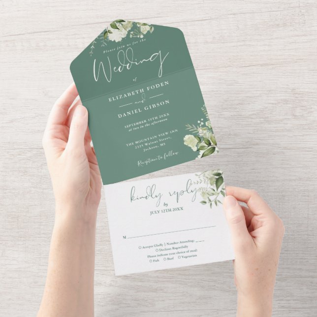 Invitation Tout En Un Eucalyptus Vert Floral Verdure Monogramme Mariage (Déchirure)