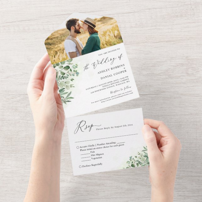 Invitation Tout En Un Eucalyptus vert Foliage photo Mariage (Déchirure)
