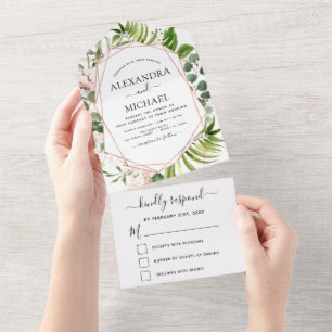 Invitation Tout En Un Eucalyptus Vert Mariage Rose or rose RSVP