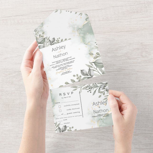 Invitation Tout En Un Eucalyptus vert & or aquarelle Mariage (Déchirure)