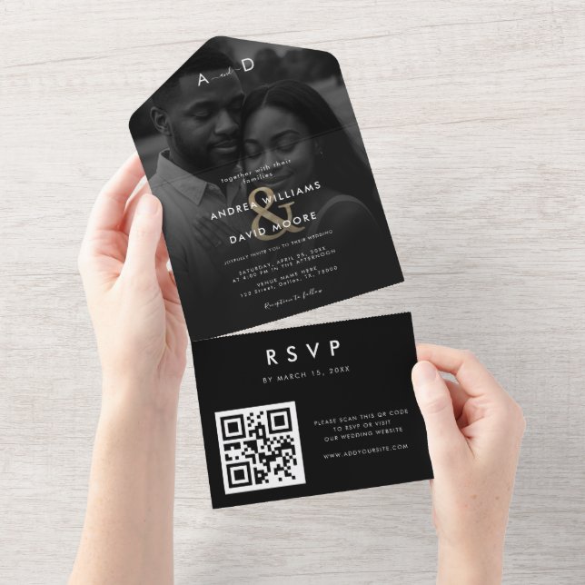 Invitation Tout En Un Faded Overlay Photo Gold Ampersand QR Code Wedding (Déchirure)
