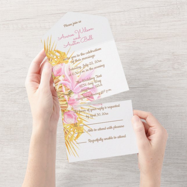 Invitation Tout En Un Fairepart Tout Compris Aquarelle Rose Magnolia (Déchirure)