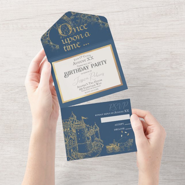 Invitation Tout En Un Fairy Tale Theme Castle Carriage Gold & Navy Blue (Déchirure)