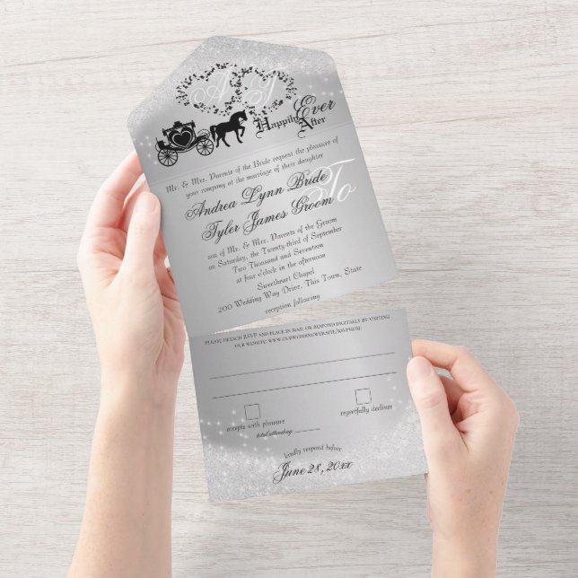 Invitation Tout En Un Fairytale Mariage Carriage Silver Grey Tout en un (Déchirure)