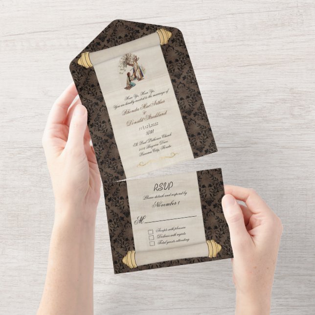 Invitation Tout En Un Fairytale Romantic Lord et Lady Scroll Mariage  (Déchirure)
