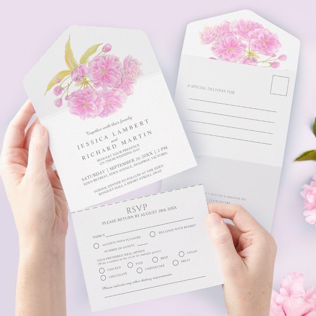 Invitation Tout En Un farine d'aquarelle mariage en fleurs de cerisier r (Créateur téléchargé)