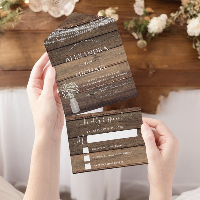 Invitation Tout En Un Farmhouse Bébé's Breath Rustic Wedding RSVP (Créateur téléchargé)