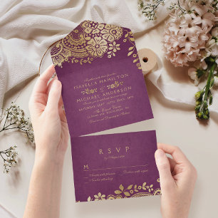 Invitation Tout En Un Faux or violet élégant mariage en dentelle vintage