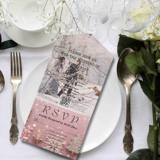 Invitation Tout En Un Faux Sparkle Shimmer rose Silver Photo QR Code (Créateur téléchargé)