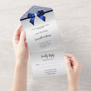 Invitation Tout En Un Feminine Blue Gem Bow & Parties scintillant Annive