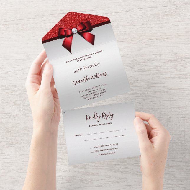 Invitation Tout En Un Feminine Red Gem Bow & Parties scintillant Anniver (Déchirure)