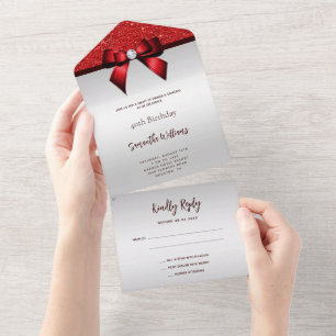 Invitation Tout En Un Feminine Red Gem Bow & Parties scintillant Anniver
