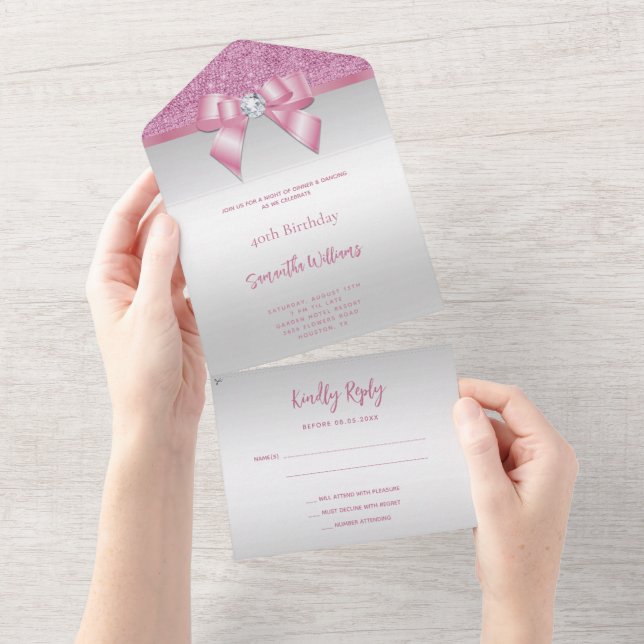 Invitation Tout En Un Feminine rose Gem Bow & Parties scintillant Annive (Déchirure)