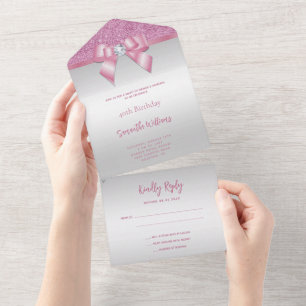 Invitation Tout En Un Feminine rose Gem Bow & Parties scintillant Annive