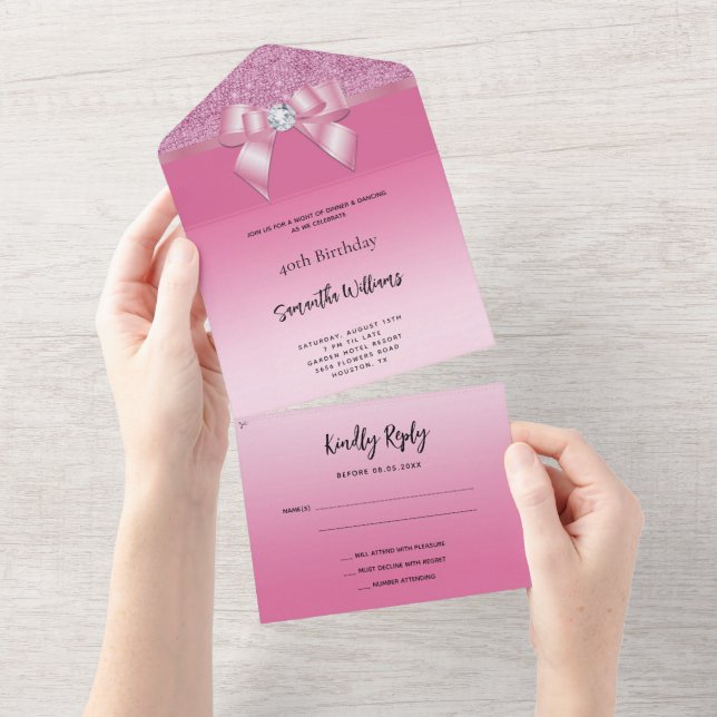 Invitation Tout En Un Feminine rose Gem Bow & Parties scintillant Annive (Déchirure)