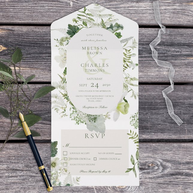 Invitation Tout En Un Fermes de lierre rustique & Dîner blanc verdoyant (Also available with a QR code or without dinner selection options.)