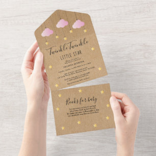 Invitation Tout En Un Fête bébé Rustique Twinkle Twinkle Nuages Roses