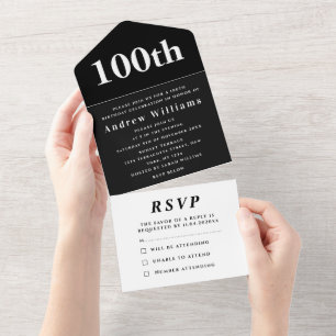 Invitation Tout En Un Fête de 100e anniversaire Noir Élégant Moderne