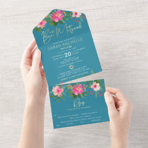 Invitation Tout En Un Fête de Bat Mitzvah Bleu Or Type Floral Aquarelle