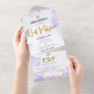 Invitation Tout En Un Fête de Bat Mitzvah Violet Aquarelle Or Écriture P