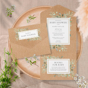 Invitation Tout En Un Fête de bébé au style Kraft rustique et végétation