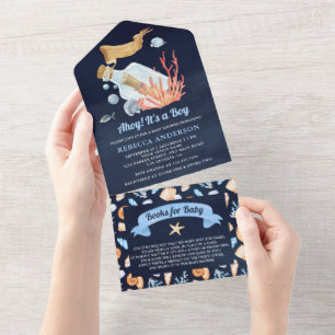 Invitation Tout En Un Fête de bébé Message dans une bouteille marine ble