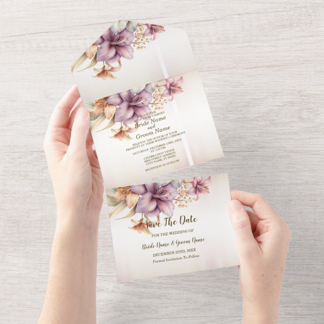 Invitation Tout En Un Fête de mariage aquarelle Boho rose Fleurs élégant (Déchirure)